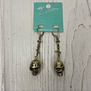 Vivace Skull 3” Drop Earrings Silver Tone Metal Crucifix Hook